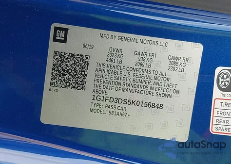 2019 Chevrolet Camaro Lt z USA, uszkodzony, nr VIN 1G1FD3DS5K0156848